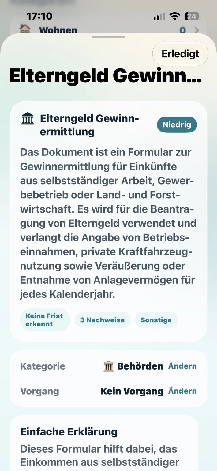Zusammenfassung des Elterngeld-Formulars in PapierPilot