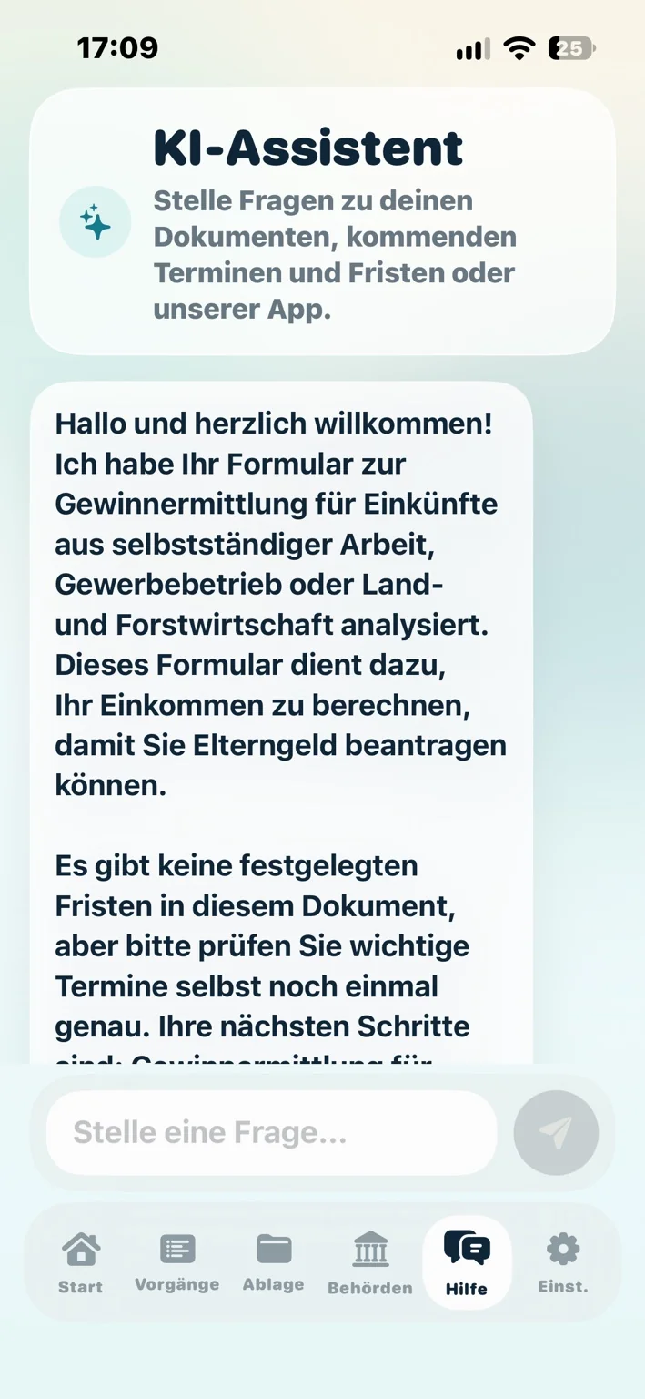 KI-Assistent mit einer Antwort zum Elterngeld-Formular