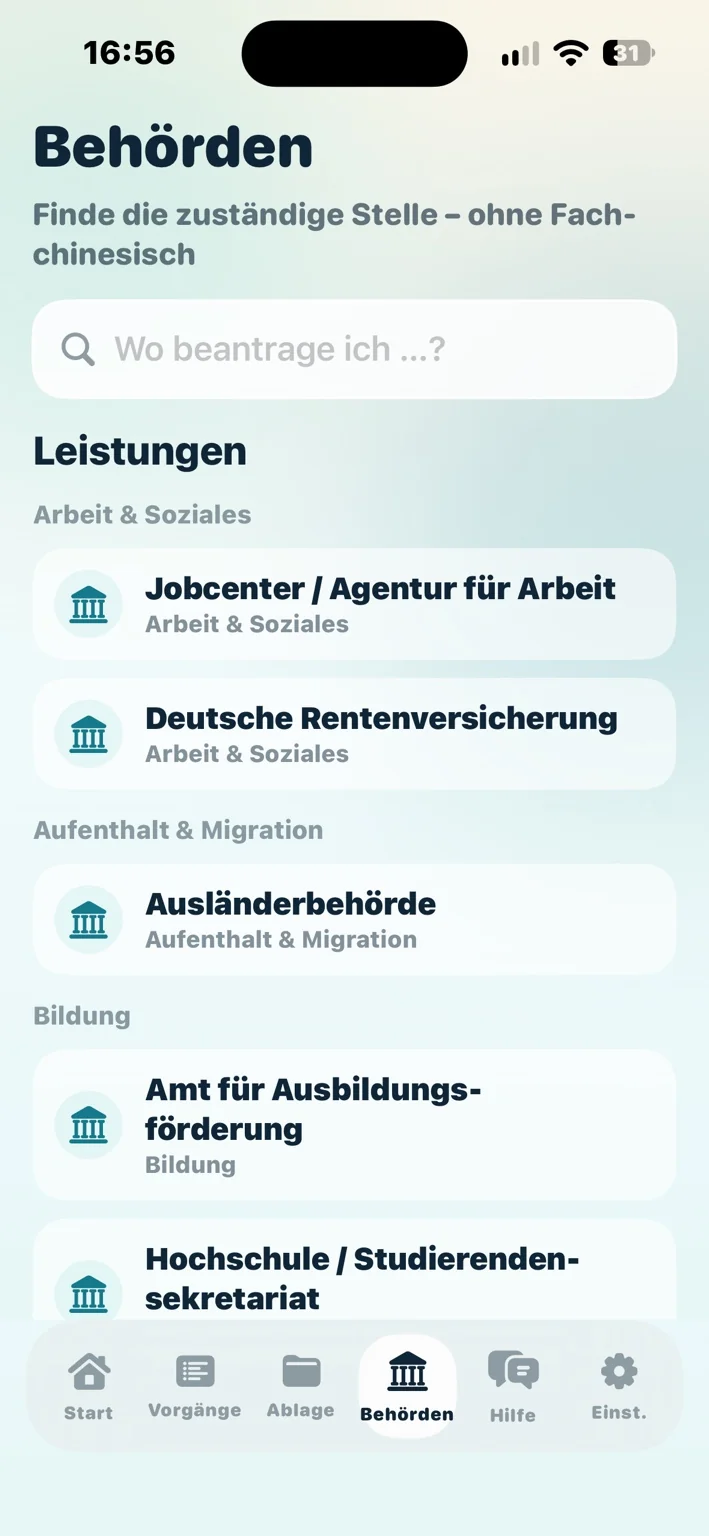 Behördenübersicht mit Suche und Anlaufstellen