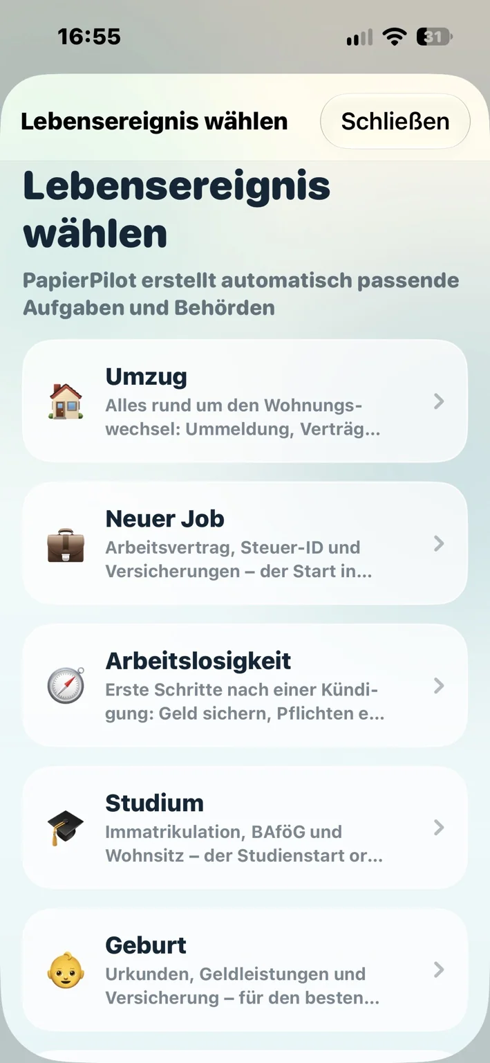 Lebensereignisse Umzug, Job, Studium und Geburt in PapierPilot